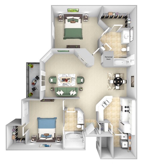 Floor plan for 2 beds, 2 baths, 1094 sqft